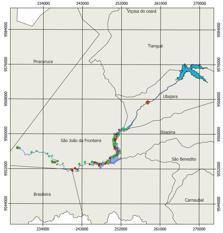 Mapa temático mostrando um trecho do Rio Jaburu, localizado no Ceará e Piauí. O curso d’água aparece marcado por uma linha azul, com diversos pontos coloridos distribuídos ao longo dele, indicando presença de pessoas residentes. No canto superior direito há um reservatório desenhado em azul, que é o Açude Jaburu I.