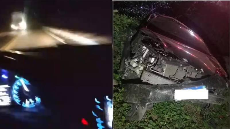 A imagem à esquerda mostra o veículo momentos antes do capotamento; à direita, o carro aparece destruído após o acidente.