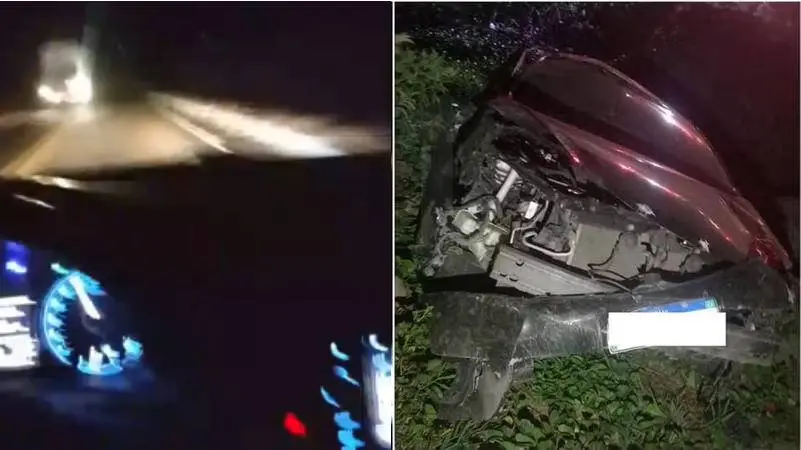 A imagem à esquerda mostra o veículo momentos antes do capotamento; à direita, o carro aparece destruído após o acidente.