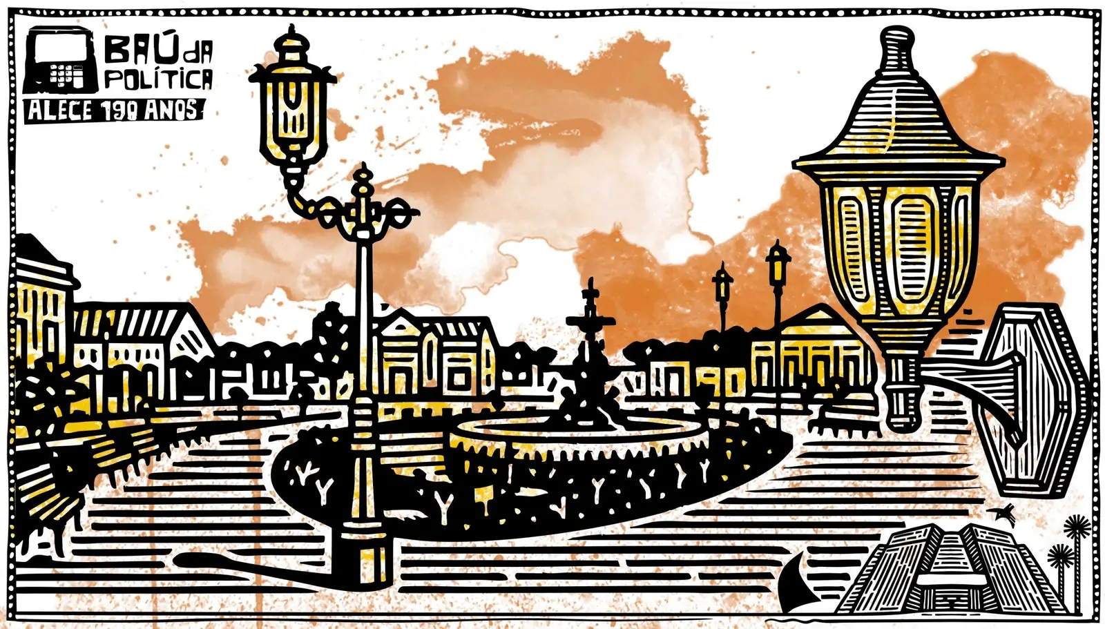 Ilustração que mostra uma praça em uma cidade com destaque para as estruturas de iluminação