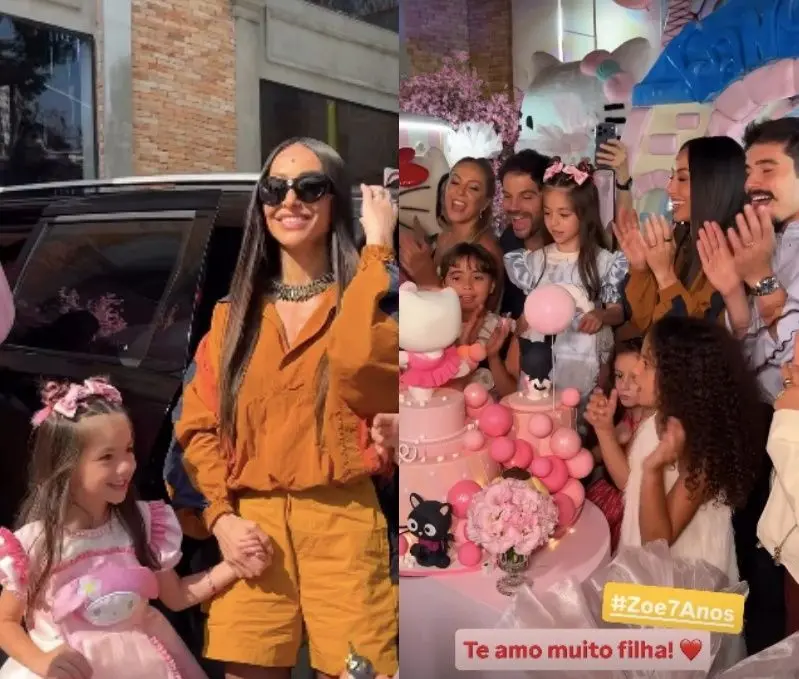 Imagem mostra mostragem de duas fotos. Na primeira,Sabrina Sato está com a filha Zoe. Em outra, as duas aparecem ao lado do pai Duda Nagle e de outros convidados do aniversário da criança.