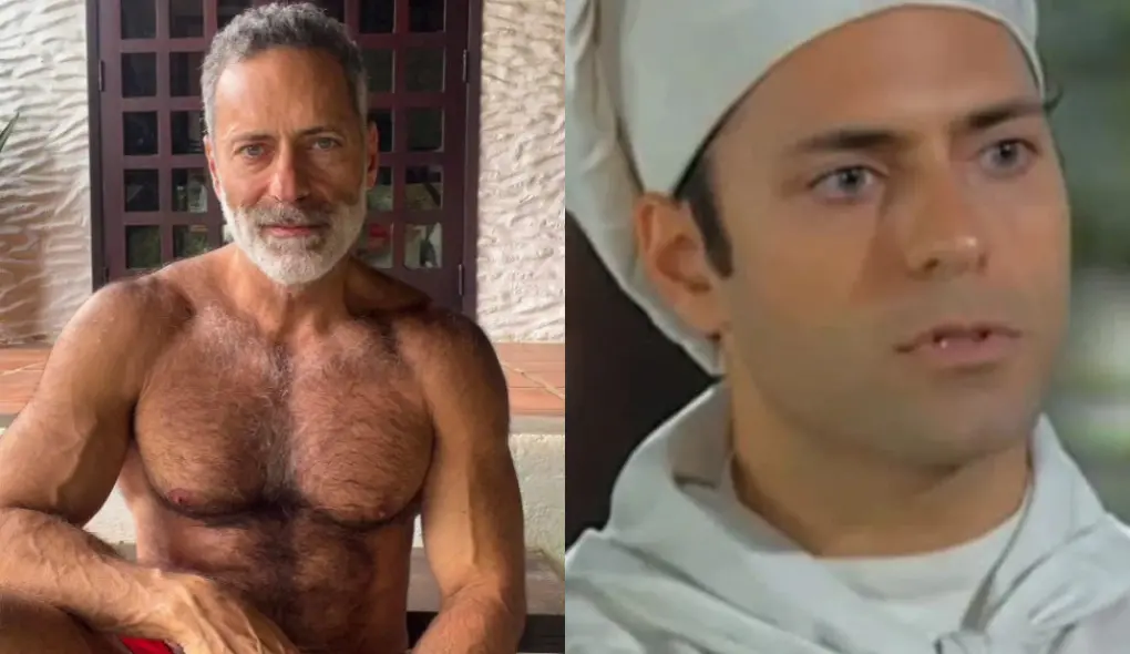 Imagem mostra montagem de duas fotos do ator Renato Chocair. Na primeira, ele está sem camisa exibindo os músculos e na segunda, com a roupa de cozinheiro, do personagem Eugênio, que ele interpretou em “Chocolate com Pimenta”.