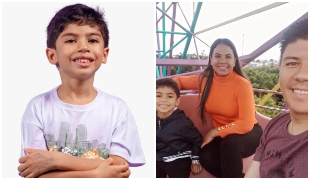 Benício em foto sozinho e em outra ao lado da família, em uma roda gigante, sorrindo em ambas.