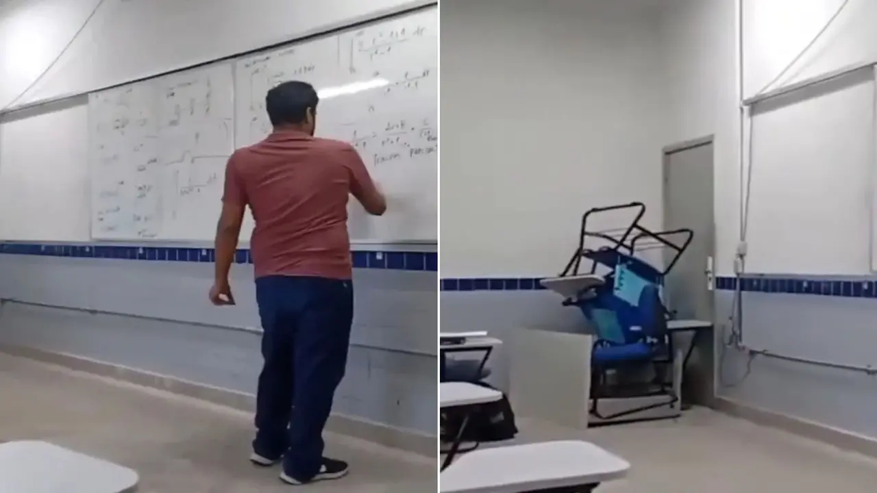 Montagem de duas fotos de professor dando aula durante tiroteio no Cefet do Maracanã, no Rio de Janeiro.