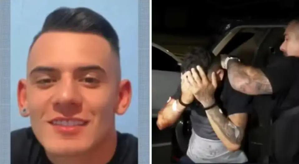 Montagem de duas fotos: um retrato de um homem sorridente em um fundo claro, e uma cena noturna onde um homem com as mãos no rosto é detido pela Polícia.