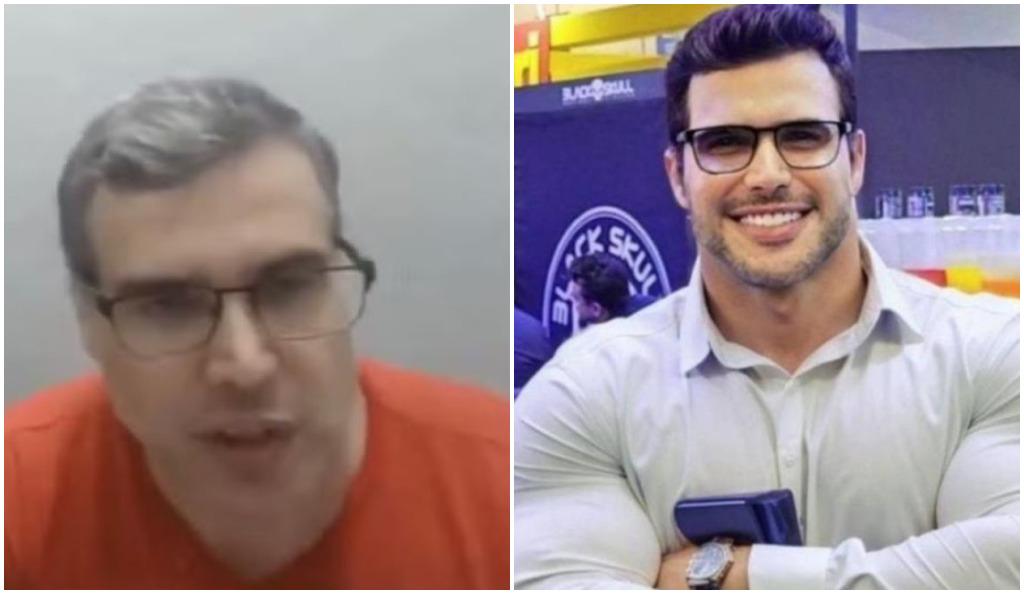 Renê Júnior em vídeo durante depoimento à polícia, com cabelos grisalhos e camisa laranja.