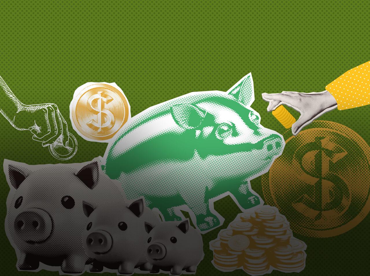 Imagem criada com figuras de cofres de porquinho e moedas.