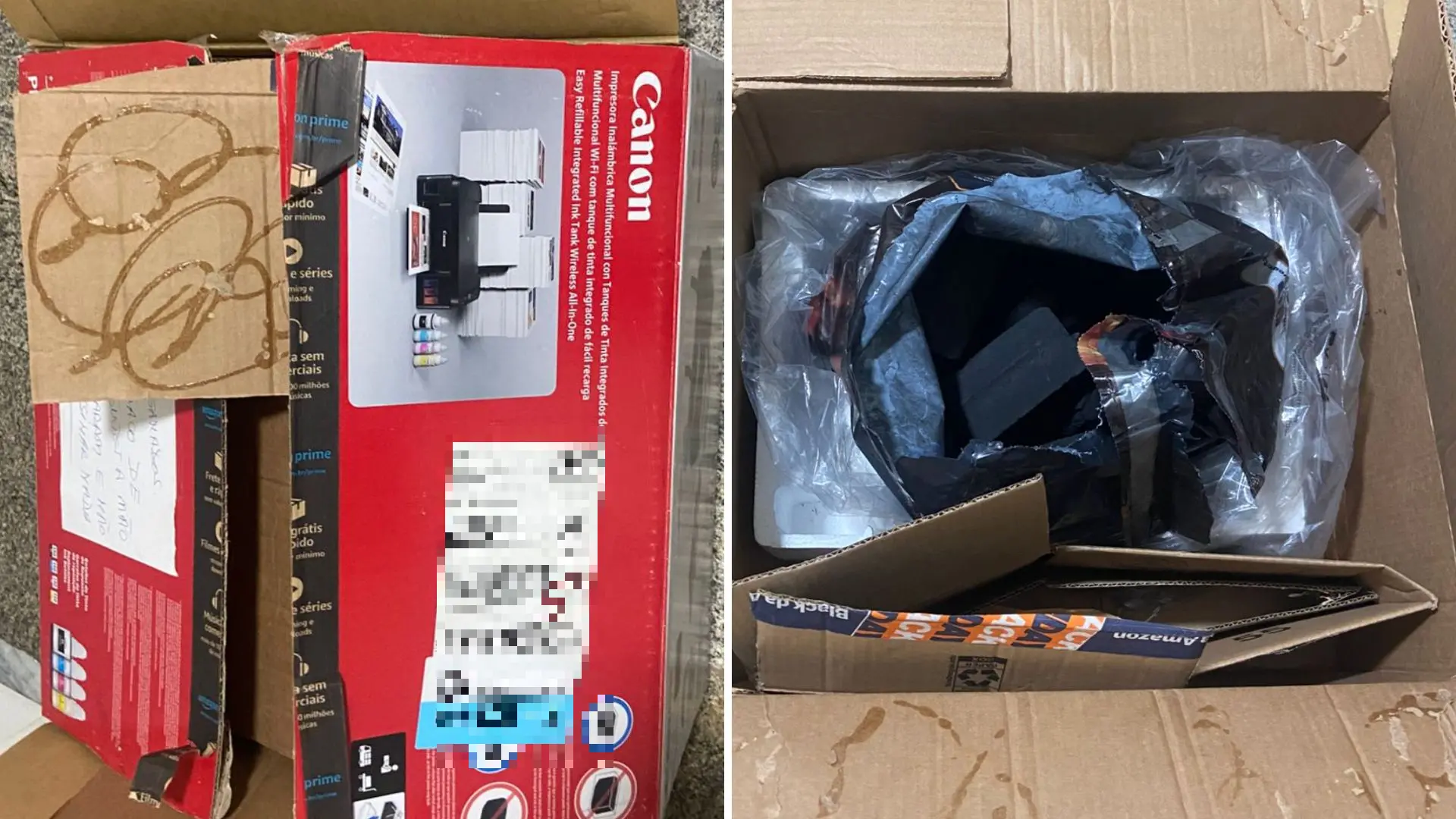 Imagem lateral de caixas de papelão: à esquerda, uma caixa de impressora Canon; à direita, uma caixa aberta com carvão.