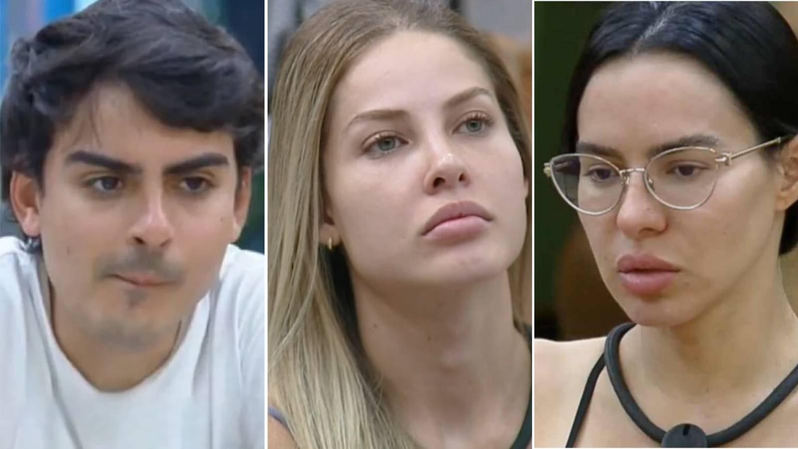 Imagem mostra colagem com imagens de Dudu Camargo, Saory Cardoso e Tàmires Assîs, participantes do reality show a Fazenda que disputam a prova do fazendeiro em 3 de dezembro de 2025.