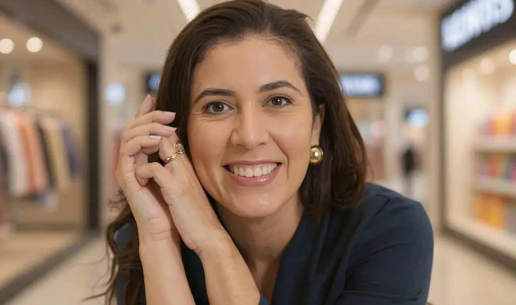 A imagem mostra uma mulher sorridente em um ambiente interno iluminado, com lojas desfocadas ao fundo. Ela apoia as mãos próximas ao rosto, usando brincos e anéis
