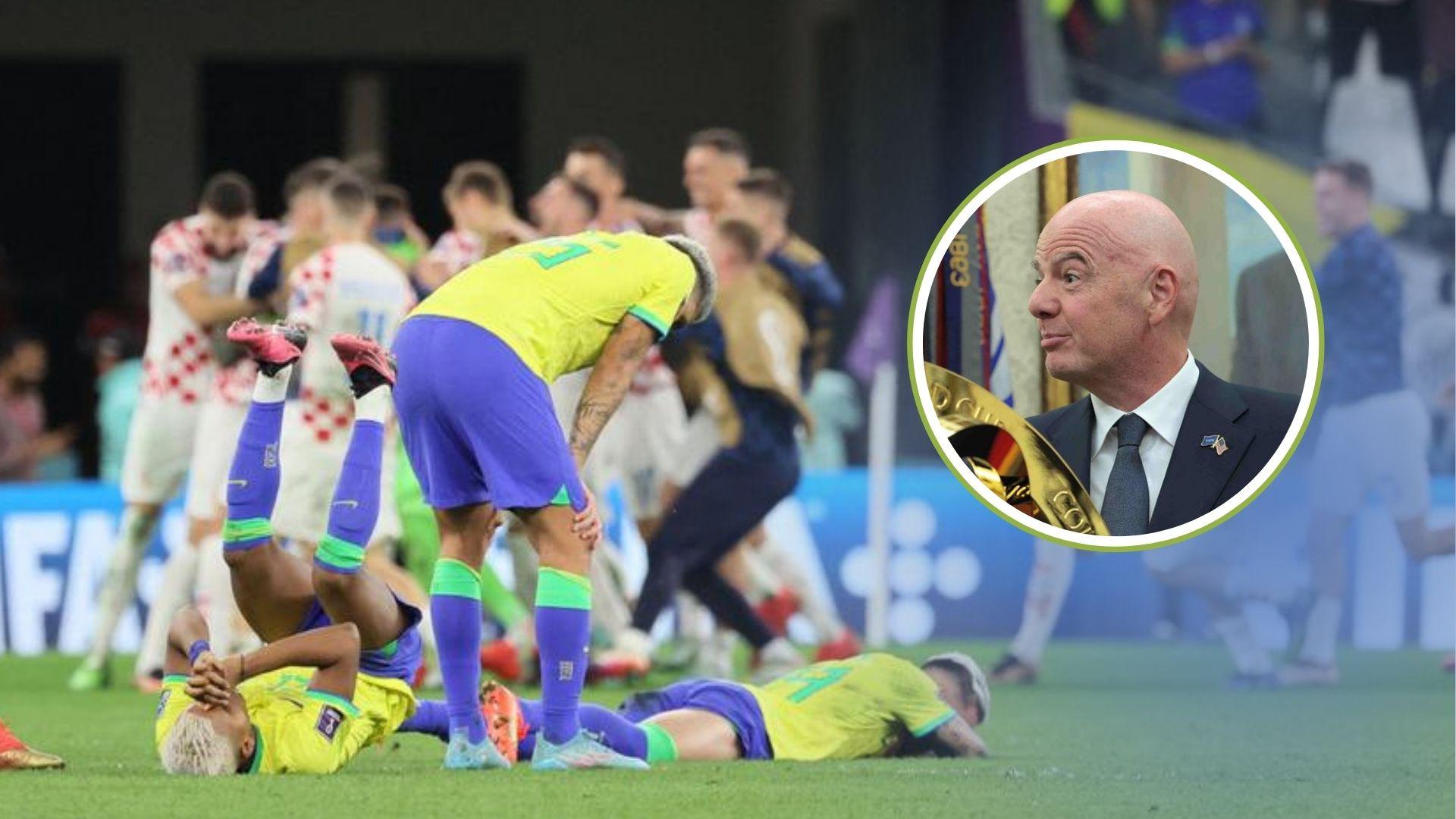 Seleção Brasileira após derrota para Croácia em 2022. Em destaque, Gianni Infantino