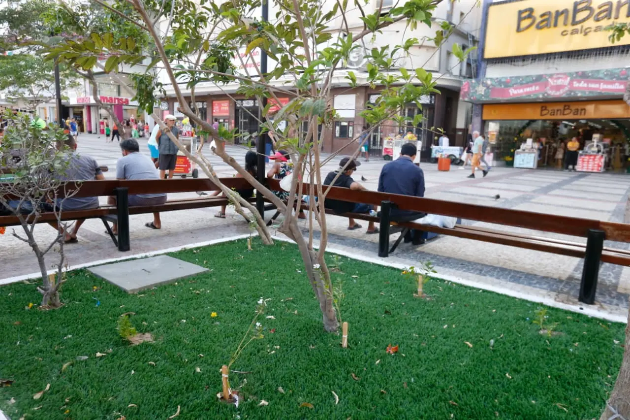 Foto da grama sintética aplicada na Praça do Ferreira após a requelificação.