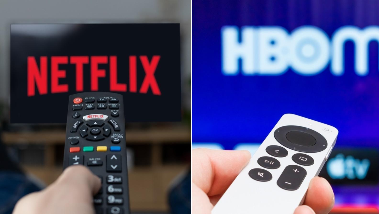 Montagem de fotos mostra pessoa segurando controle remoto apontado para televisões abertas na Netflix e na HBO Max.