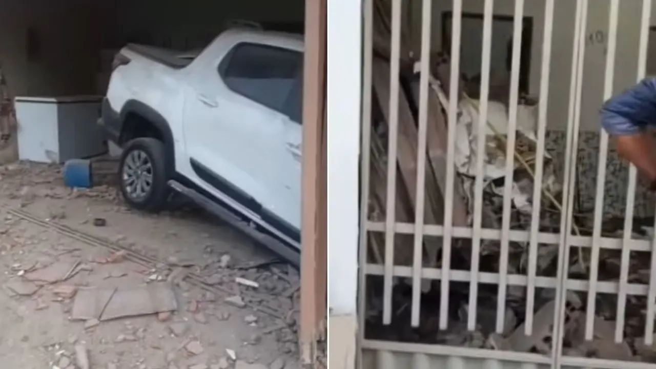 Montagem de fotos de destroços de colisão de carro contra casa em Várzea Alegre, após atropelamento.