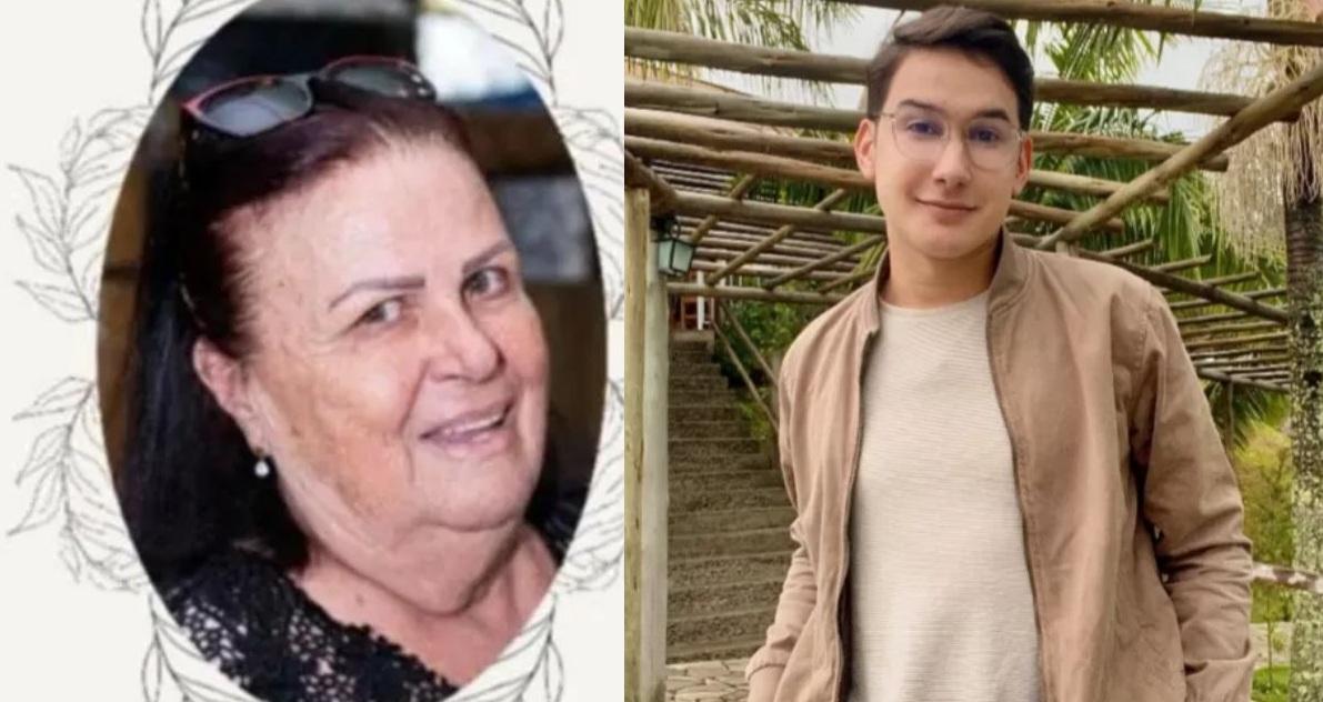 Montagem fotográfica com uma mulher idosa sorrindo à esquerda e um jovem de óculos e jaqueta clara à direita.