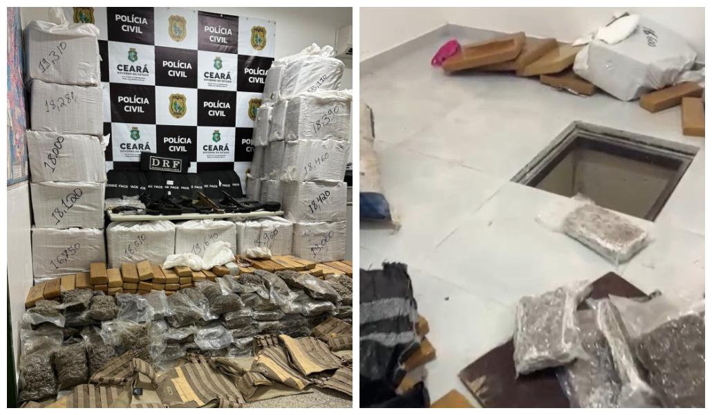 Imagem dividida: à esquerda, grande apreensão de drogas e armas pela Polícia Civil do Ceará, com pacotes e armas em exibição; à direita, um buraco no chão revelando um esconderijo com mais entorpecentes.