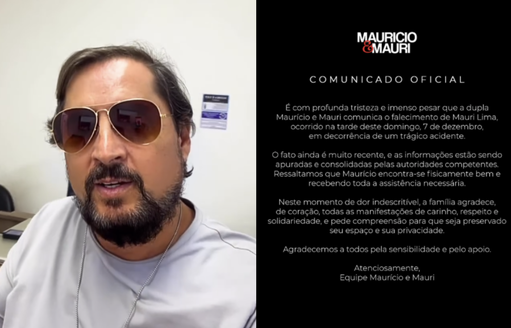 À esquerda, Mauri Lima, um homem branco com barba e bigode pretos, cabelo liso preto e usando óculos escuros. Ele veste também uma blusa branca e uma corrente prateada, e está olhando para frente. Ao fundo, há um fundo branco. À direita, comunicadado da assessoria sobre seu falecimento.