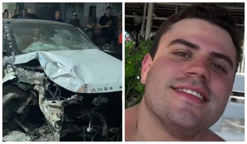 Imagem mostra Thiago Greenhalgh de Melo Braun e carro destruído após a colisão.
