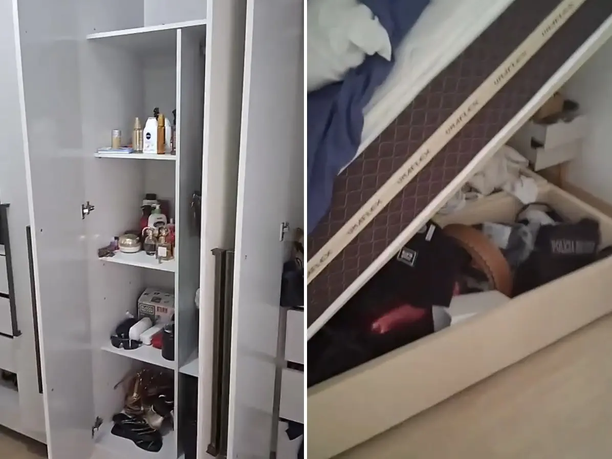 As fotos mostram um guarda-roupa de portas abertas e uma cama com o baú também aberto, com pertences pessoais revirados.