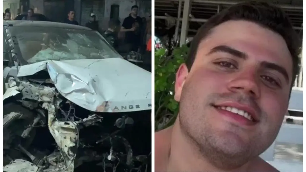 Montagem mostra a foto do carro após o acidente e o condutor do veículo, que é um home branco.