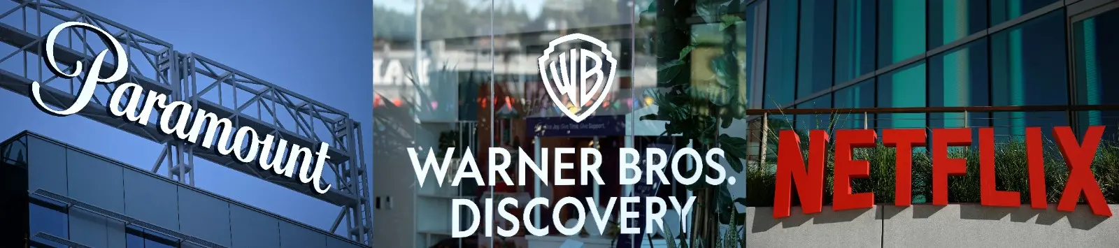 A imagem mostra fachada das empresas: Paramount, Warner Bros. Discovery e Netflix.