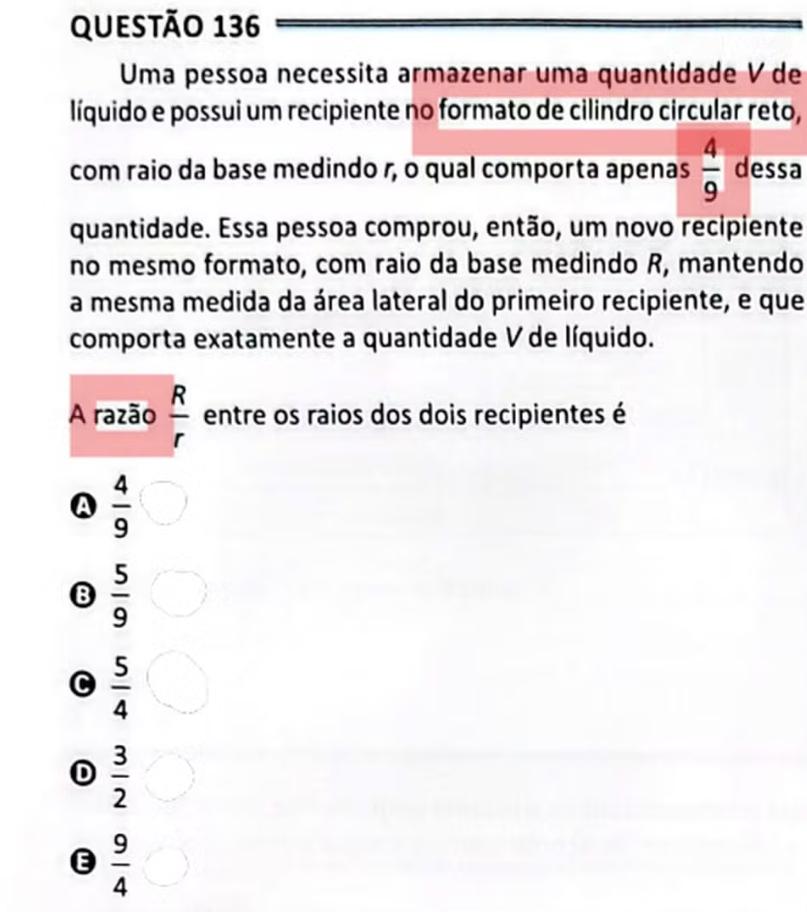 Questão de cilindros do Enem 2025.