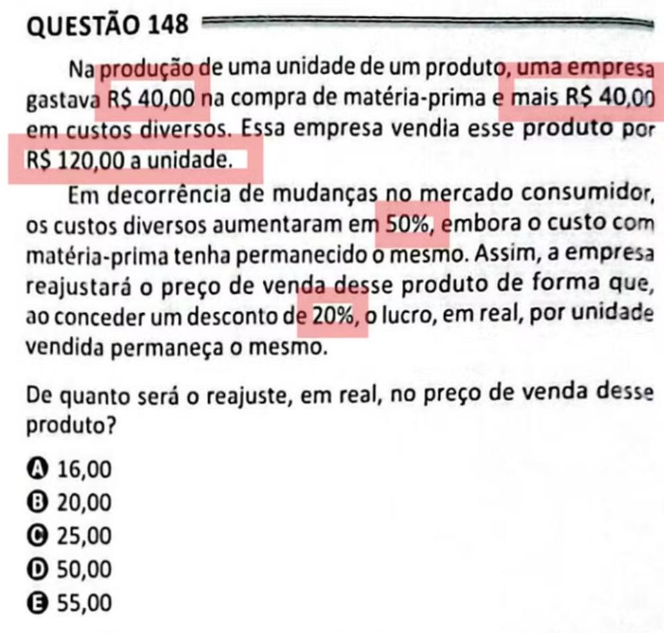 Questão dos produtos Enem 2025.