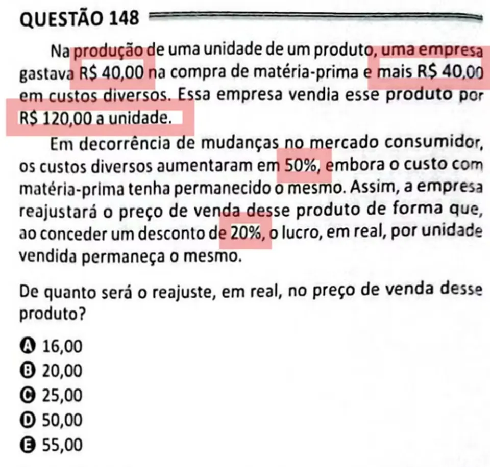 Questão dos produtos no Enem 2025.