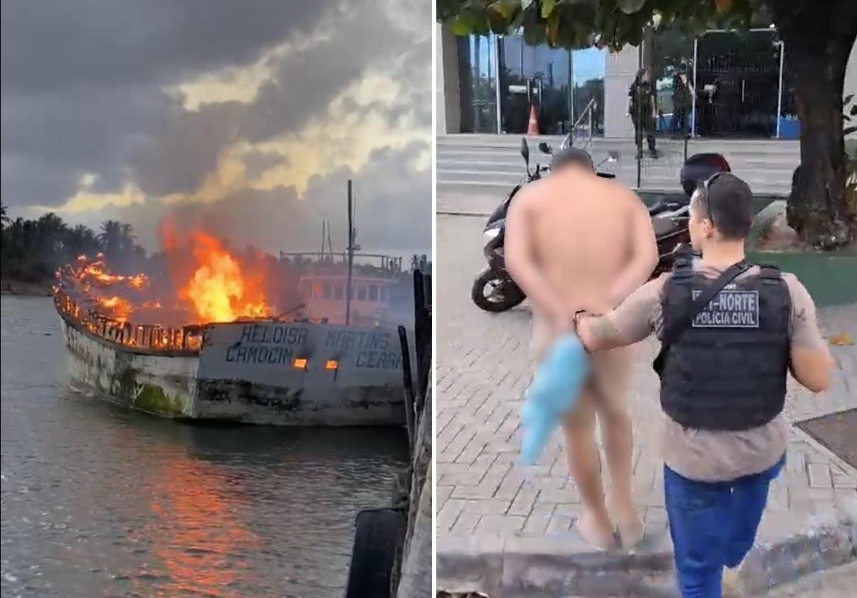 As imagens mostram um barco incendiado em alto mar e um homem branco, sem blusa, sendo preso por um policial civil, outro homem branco, com colete balístico.