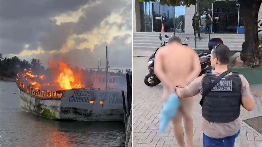 As imagens mostram um barco incendiado em alto mar e um homem branco, sem blusa, sendo preso por um policial civil, outro homem branco, com colete balístico.