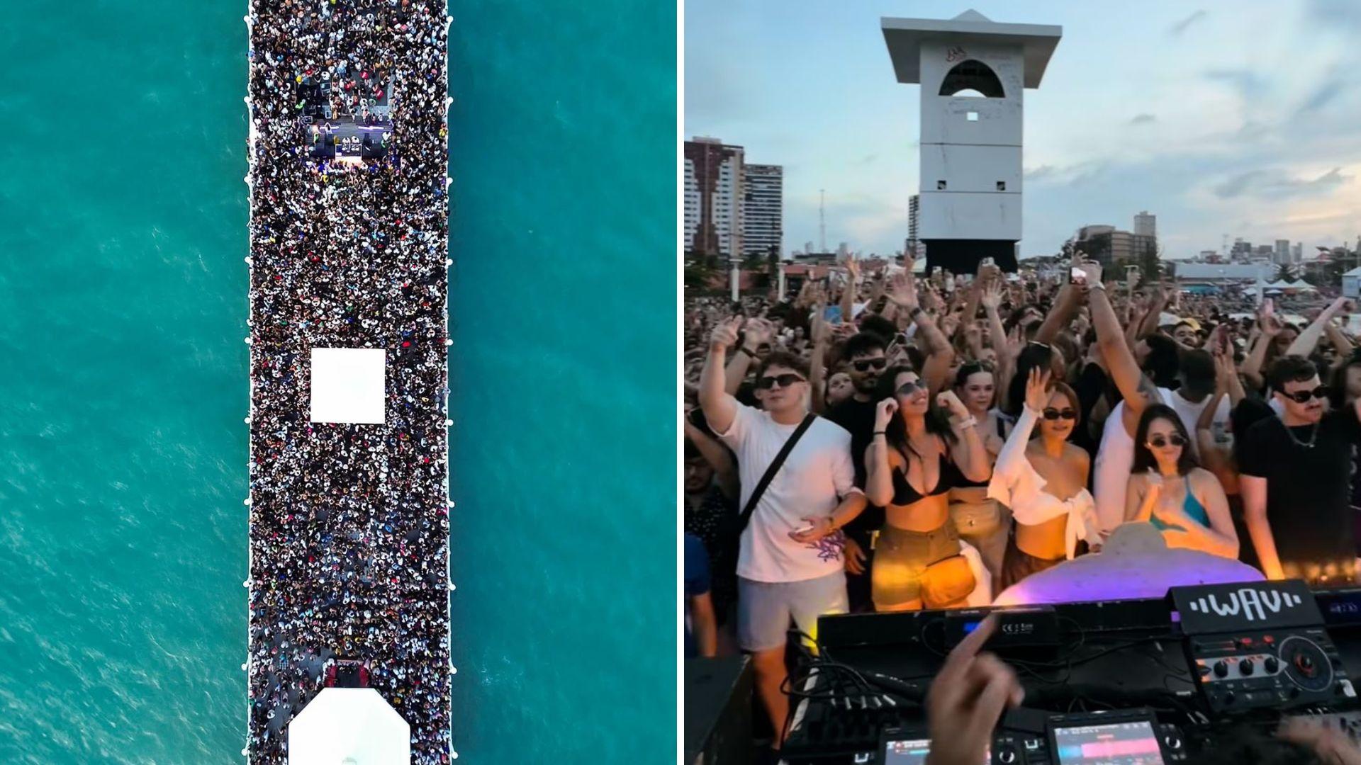 montagem de fotos mostra festa na Ponte dos Ingleses, na Praia de Iracema, em Fortaleza. O evento ultrapassou a capacidade máxima de lotação.