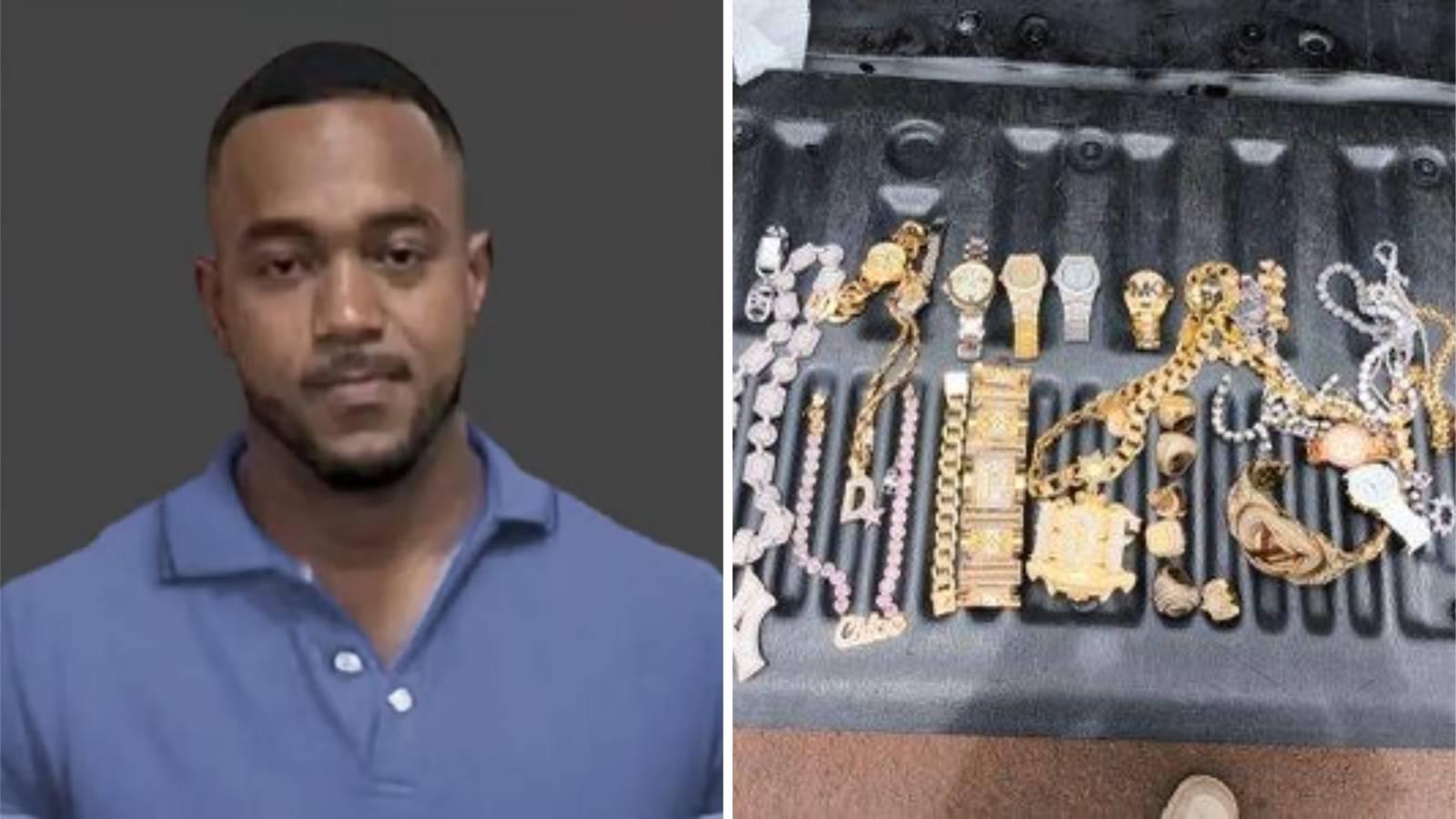Imagem dividida: à esquerda, um retrato do traficante Peixão; à direita, uma coleção de joias (colares, relógios, anéis) apreendidas com família do criminoso, presa ao tentar fugir do Brasil à Bolívia.