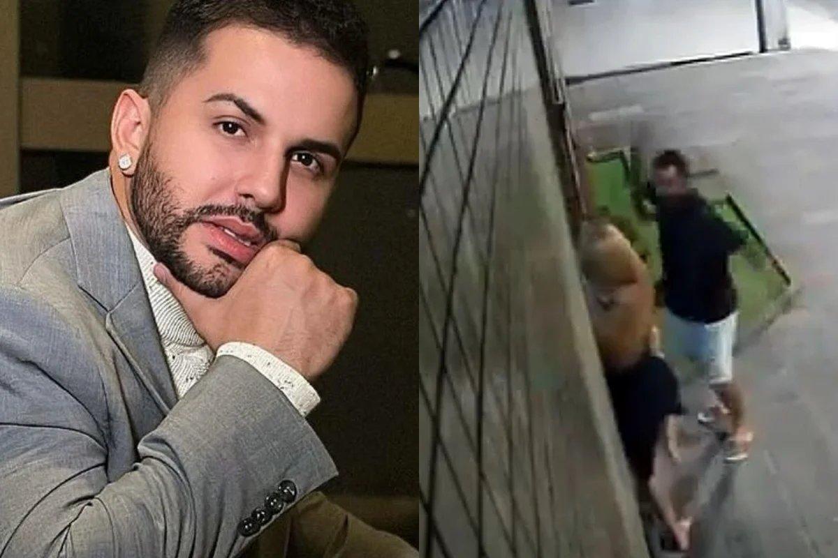 Montagem com duas cenas: à esquerda, pessoa usando terno cinza e camisa branca, com brinco prateado e relógio no pulso, em ambiente interno com fundo escuro; à direita, imagem de câmera de segurança mostrando duas pessoas próximas a uma grade metálica em área externa iluminada, uma delas interagindo com algo junto à parede enquanto a outra está logo atrás, usando camiseta escura e bermuda clara.