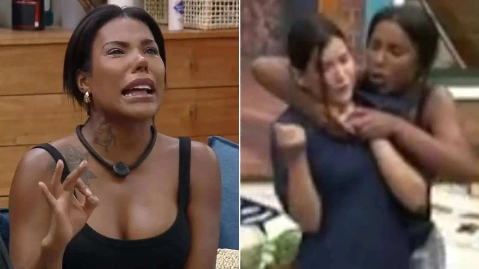 Montagem de duas cenas: à esquerda, Carol Lekker, participantes de a fazenda, chorando e, à direita, Carol aparece agarrando por trás Duda durante cena que gerou a expulsão dela.