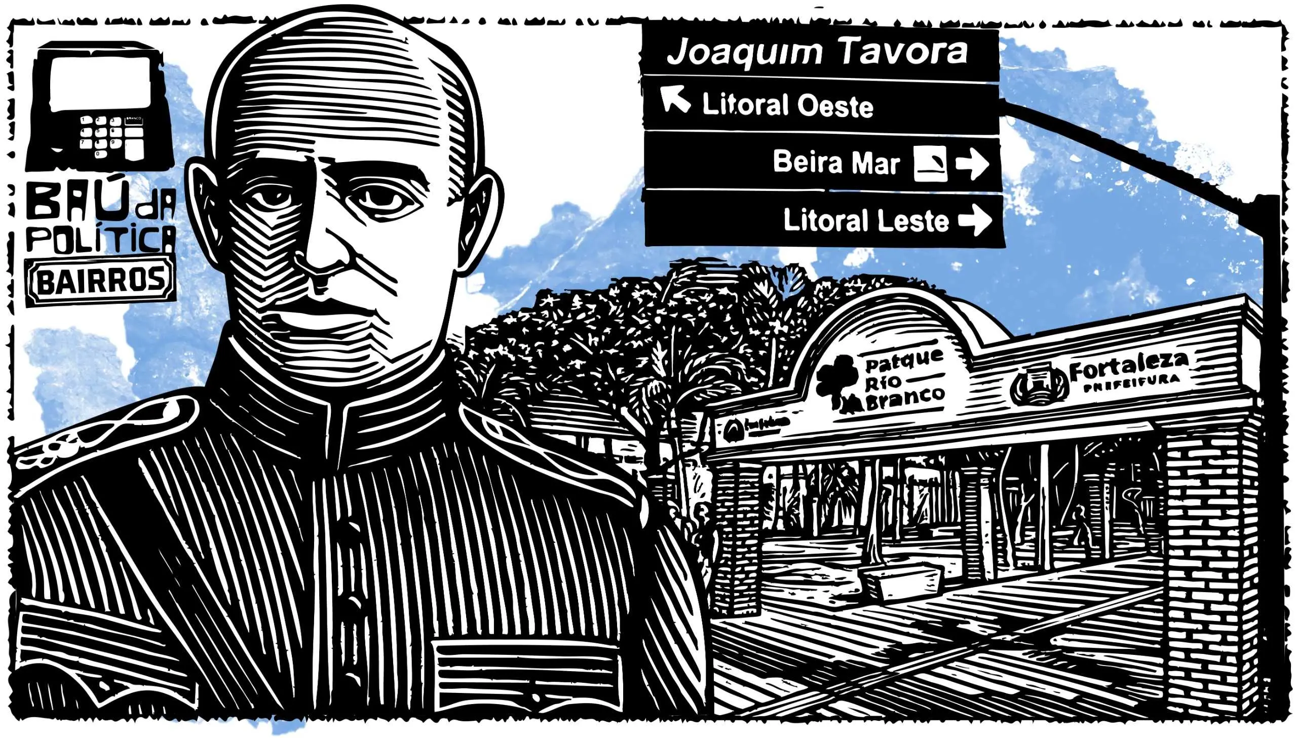 Arte em xilogravura com imagens do bairro Joaquim Távora e do próprio militar.