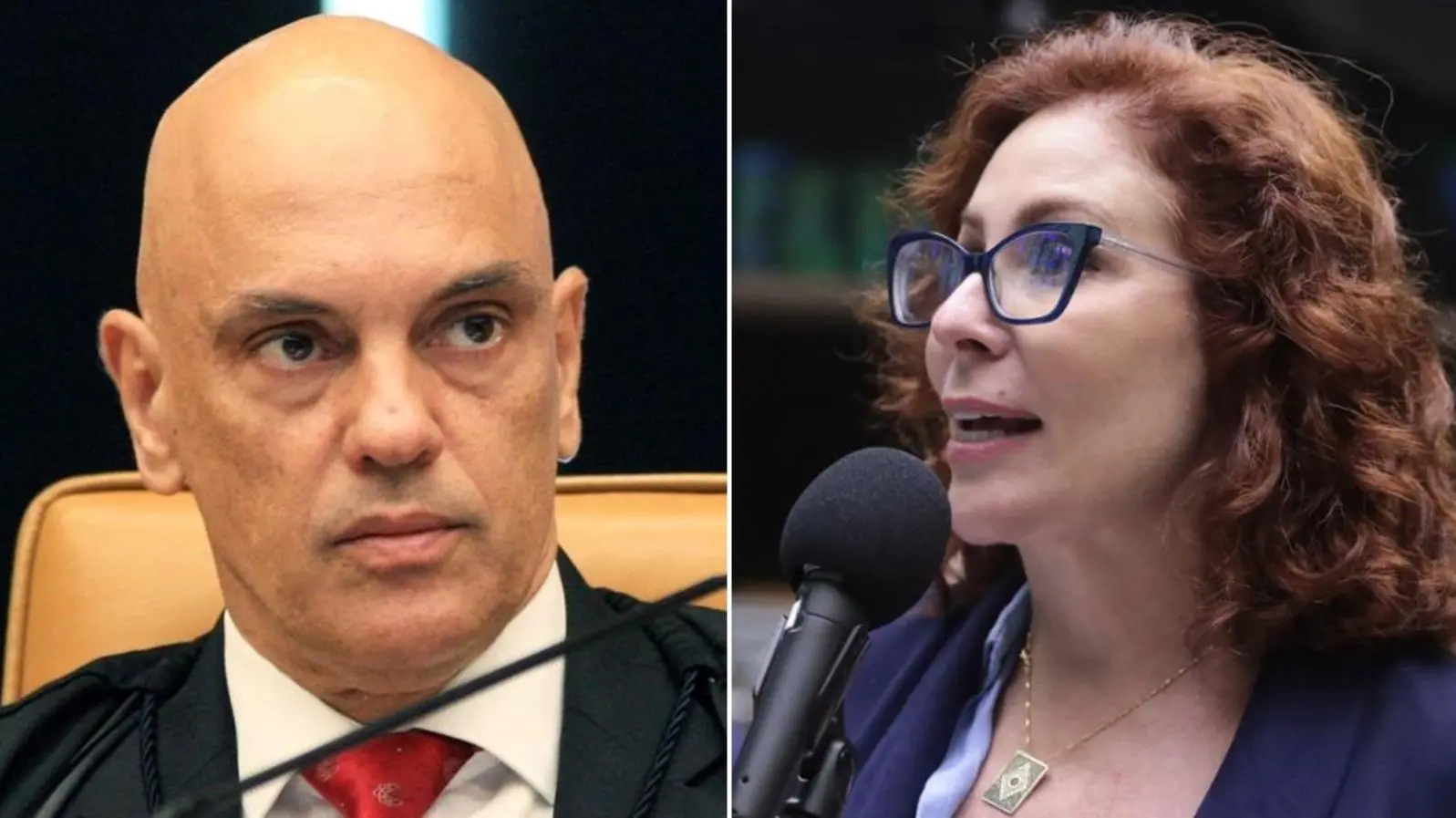 Montagem de fotos mostra Alexandre de Moraes à esquerda e Carla Zambelli à direita. Imagem usada em matéria onde o ministro do STF decreta perda imediata da deputada condenada.