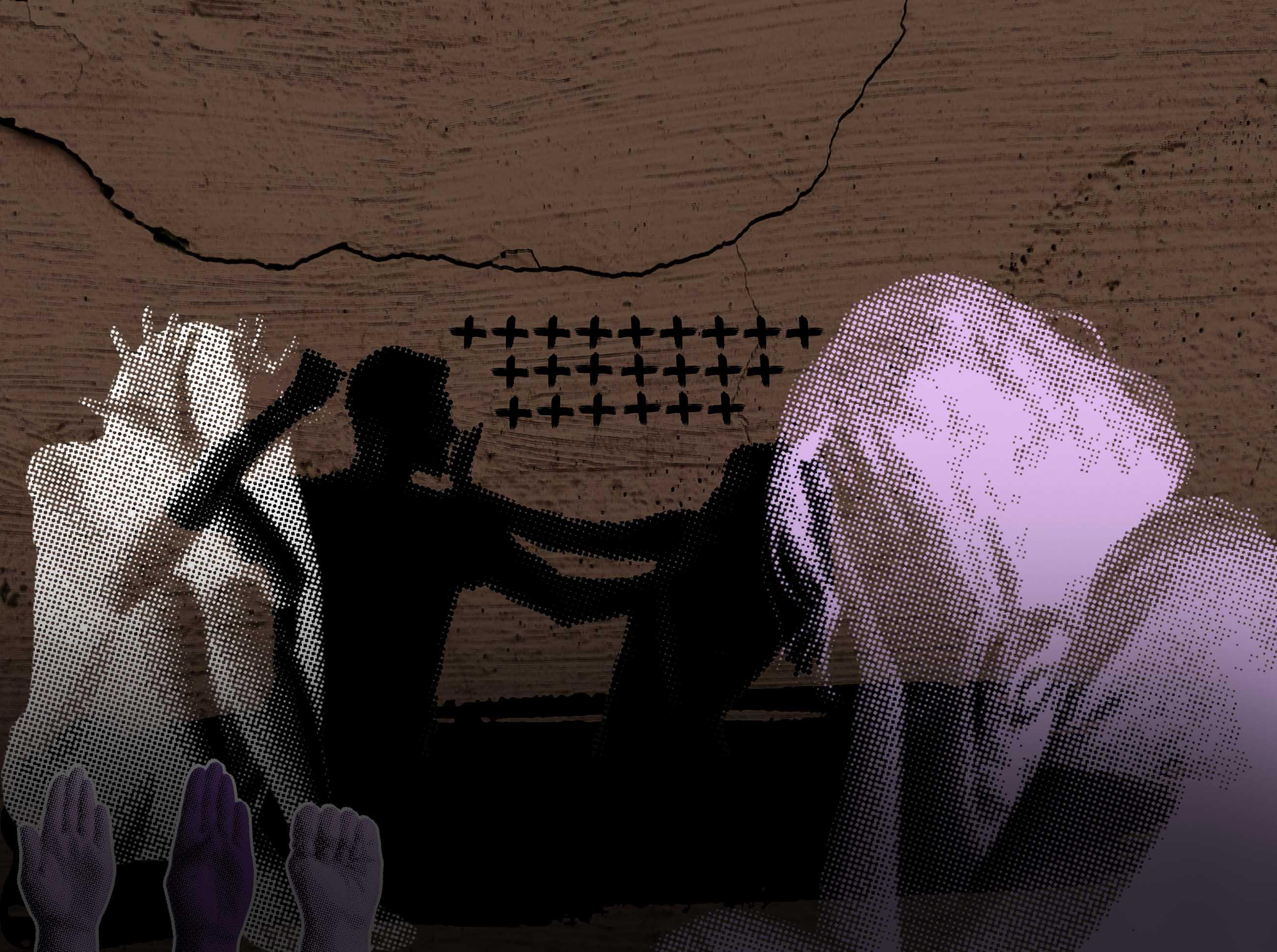 Imagem de arte moderna com elementos abstratos, incluindo silhuetas de mãos, figuras humanas e formas geométricas em um fundo de madeira.