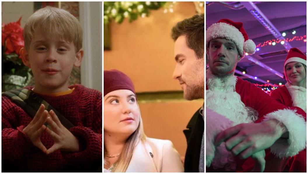 Três cenas clássicas de Natal: criança com suéter vermelho, casal em frente a guirlanda iluminada e Papais Noéis em festa com luzes coloridas.