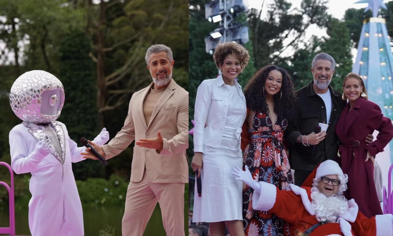 Duas fotos em colagem. À esquerda, Mion com mascote da Globo, ele veste um terno bege e tem cabelos e barba grisalhos. À direita, Mion com quatro participantes, sendo duas mulheres negras de cabelo cacheado, uma mulher branca de cabelo loiro e um homem branco de óculos fantasiado de papai noel.