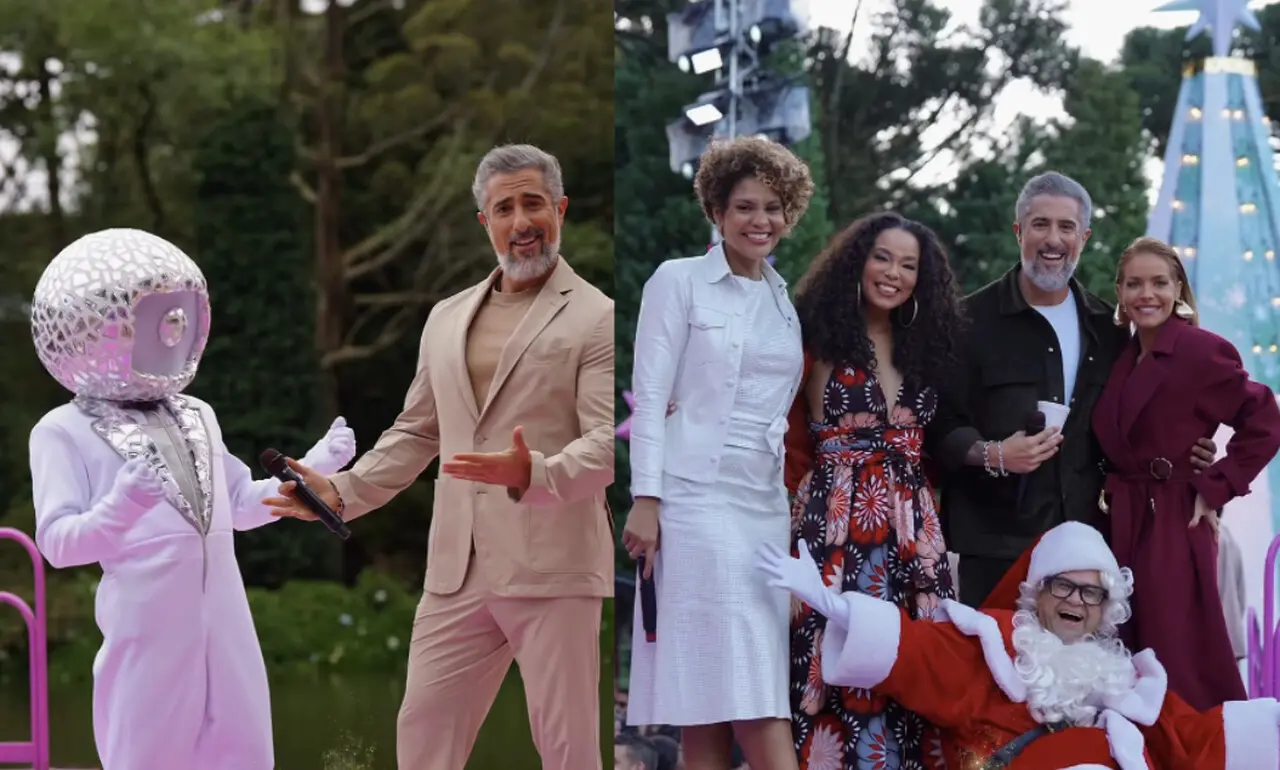 Duas fotos em colagem. À esquerda, Mion com mascote da Globo, ele veste um terno bege e tem cabelos e barba grisalhos. À direita, Mion com quatro participantes, sendo duas mulheres negras de cabelo cacheado, uma mulher branca de cabelo loiro e um homem branco de óculos fantasiado de papai noel.