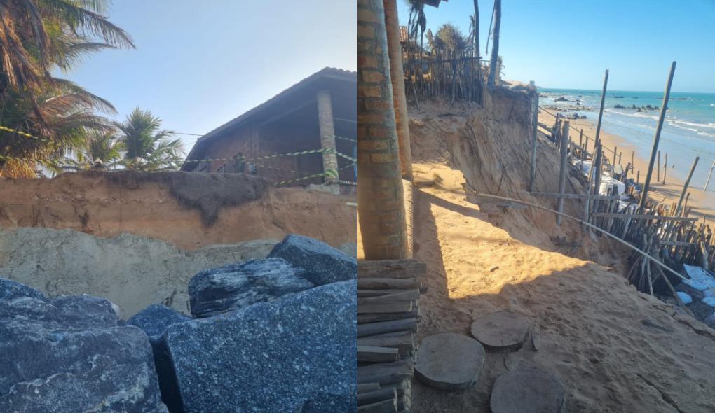 Duas fotos lado a lado ilustrando erosão costeira severa na Praia de Peroba: à esquerda, uma casa à beira de um penhasco desabado com rochas de contenção; à direita, um barranco de areia com cercas de madeira caindo na praia e o mar ao fundo.