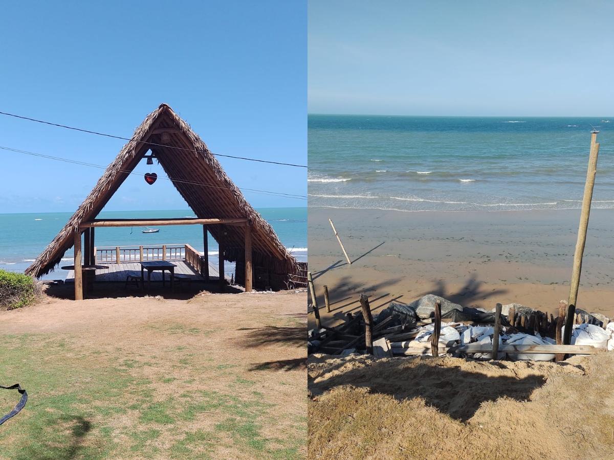 Montagem com duas fotos mostrando antes e depois da mesma área à beira-mar: à esquerda, uma estrutura de palha em formato triangular com deck voltado para o mar; à direita, o local após ser desfeito, exibindo faixa de areia, mar ao fundo e barreira improvisada com sacos e estacas na encosta.