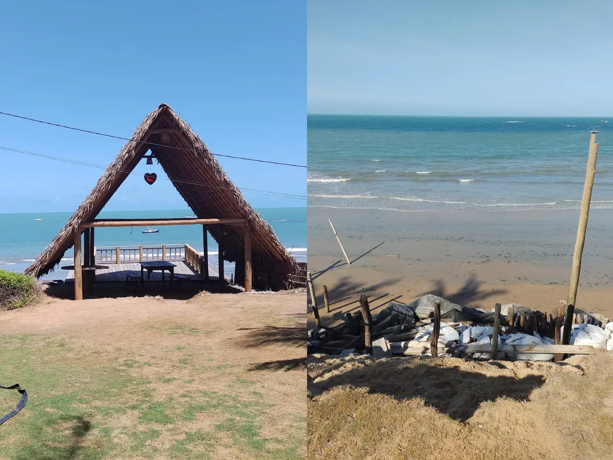 Montagem com duas fotos mostrando antes e depois da mesma área à beira-mar: à esquerda, uma estrutura de palha em formato triangular com deck voltado para o mar; à direita, o local após ser desfeito, exibindo faixa de areia, mar ao fundo e barreira improvisada com sacos e estacas na encosta.