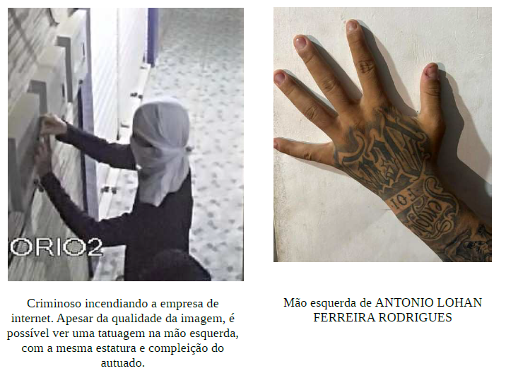 imagem e camera de seguranca de um criminoso incendiando provedor na cidade do graça, ao lado a mao dele, identificada pela polícia.