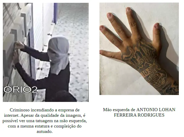 imagem e camera de seguranca de um criminoso incendiando provedor na cidade do graça, ao lado a mao dele, identificada pela polícia.