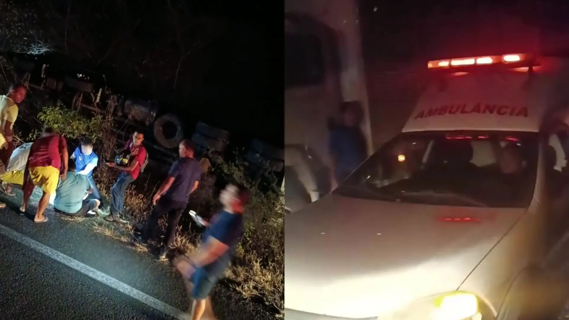 Acidente de trânsito à noite com equipe de resgate e ambulância no local, envolvendo veículos na estrada, com várias pessoas ao redor.