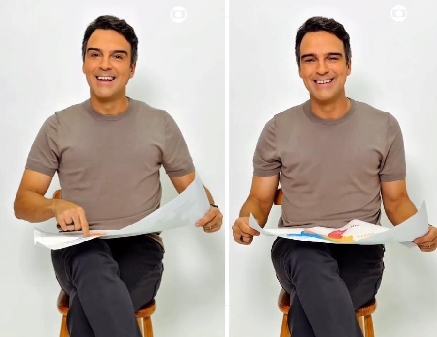 Montagem com duas fotos verticais, uma ao lado da outra, em que o apresentador Tadeu Schmidt anuncia a nova cidade que vai receber uma casa de vidro no BBB 26.