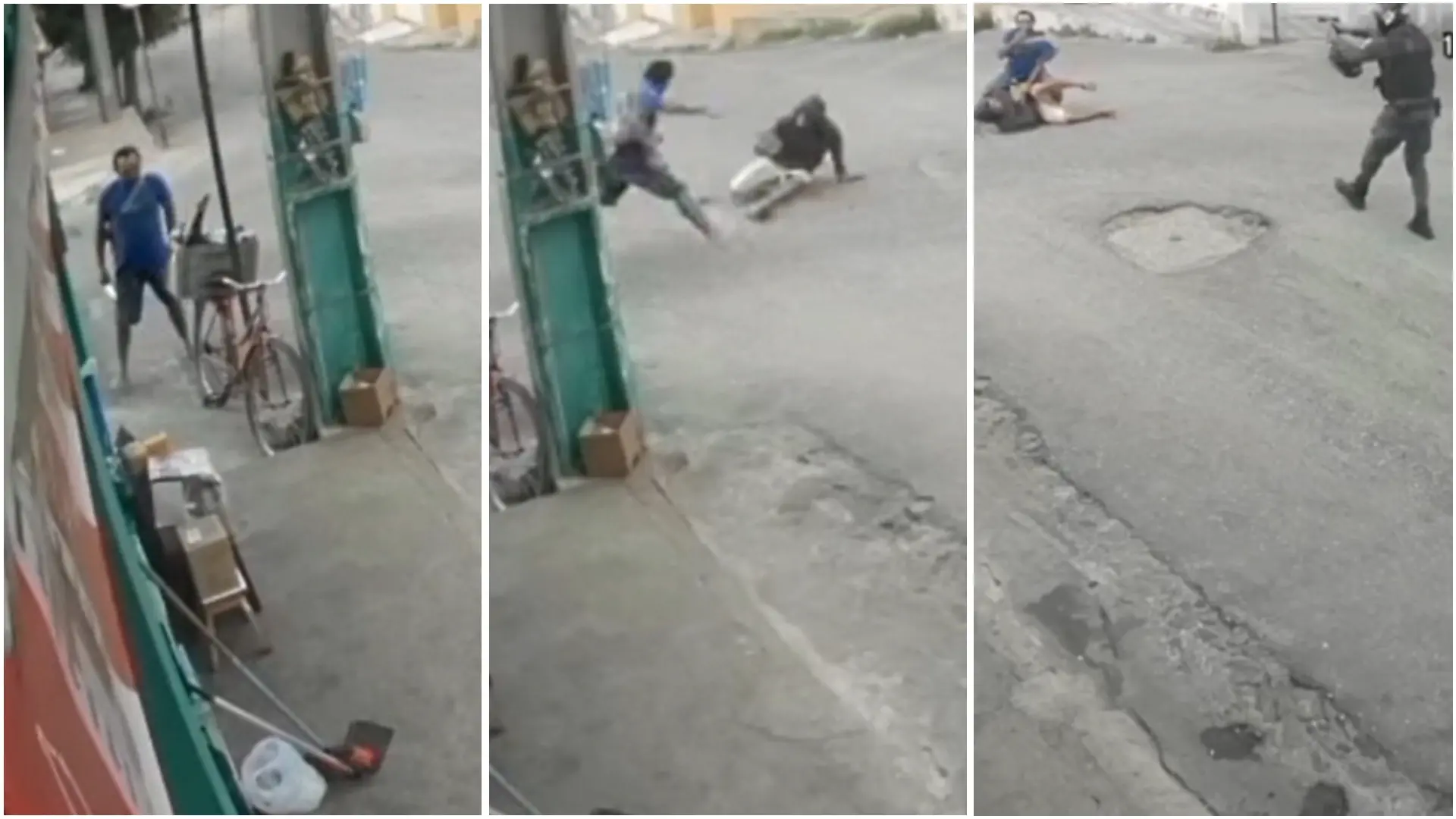 Imagem é uma colagem de três frames. No primeiro, um homem com uma faca, no segundo, outro homem arremessa um objeto e, no terceiro, um policial rende o agressor.