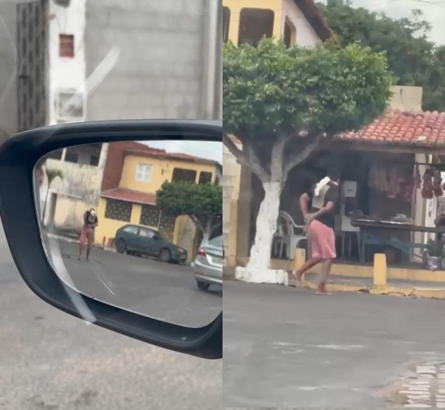 Homem caminha com braços amarrados e pano na boca após pular de carro em movimento e escapar de sequestro.