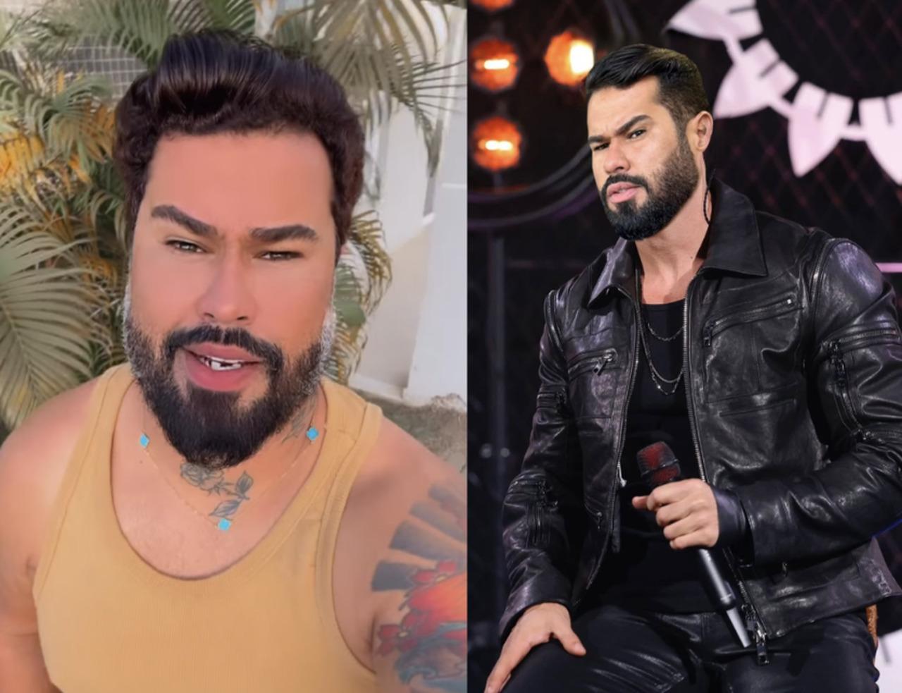 Duas fotos de Jones lado a lado, um homem branco, de bigode e barba pretos, com cabelo de topete liso e preto e taguagens. À esquerda, ele grava um vídeo para o celular e está com uma blusa amarela. Na direita, ele posa com roupa e jaqueta preta, segurando um microfone.